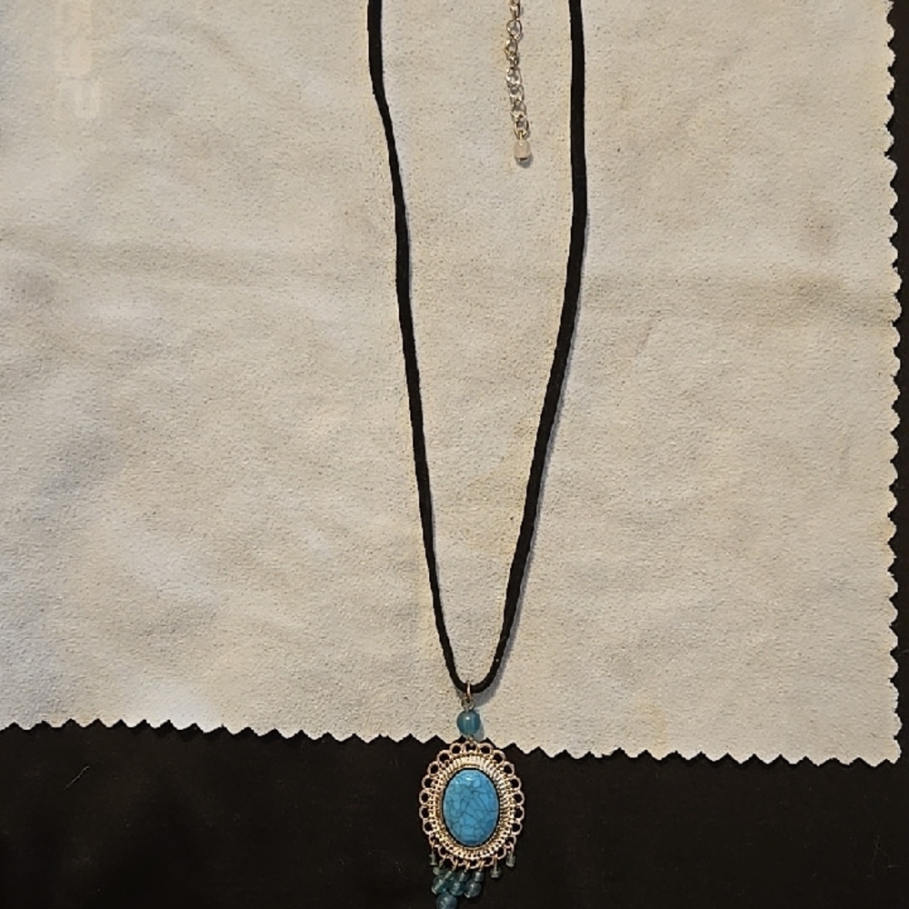 Sage Blue and Black Necklace with Decorative Filigree